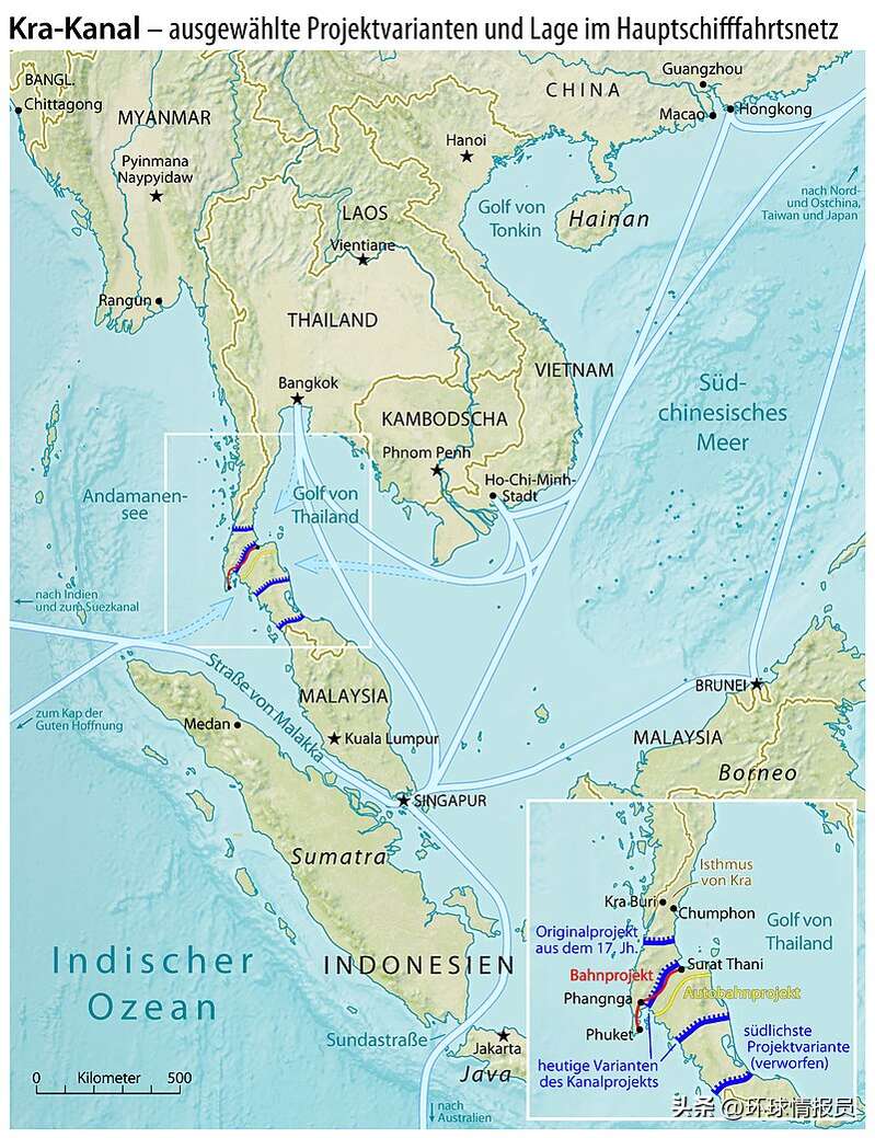克拉运河方案，南线靠近马来西亚